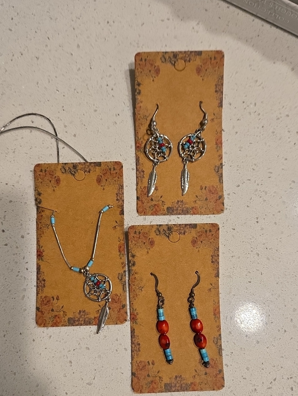 Dreamcatcher Silver Necklace and Earrings Set with Turquoise and Red Beads